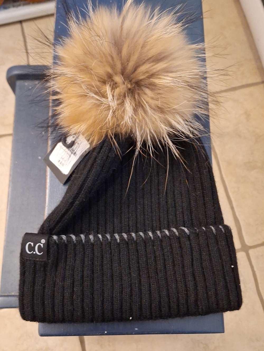 C.C Kids Black Ribbed Knit Beanie with Tan Faux Fur Pom
